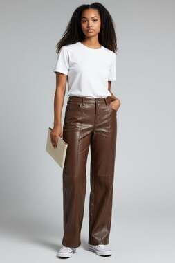 Boueymason Brown Faux Leather Straight Leg Seamed Trousers